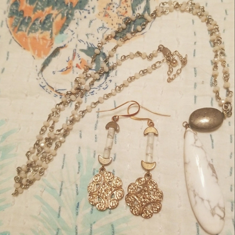 Necklace Earrings Bundle Marble Stone and Moons